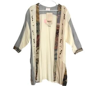 Nativewear Designs Womens Long Kimono Coat XS Cream Gray Beaded Patchy Oversize